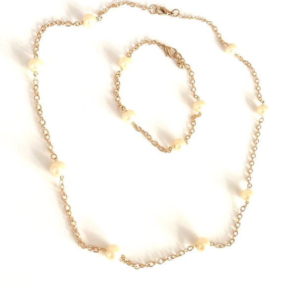 Pearl Necklace Cultured + Bracelet Gold Chain - Picture 2 of 5